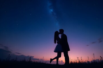 Romantic silhouette of young caucasian couple kissing under starry night sky