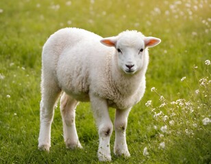 Charming lamb in sunny meadow surrounded by lush green grass