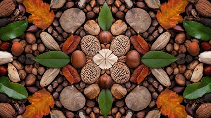 A symmetrical arrangement of various seeds, nuts, leaves, and autumn elements, creating a natural, harmonious design.