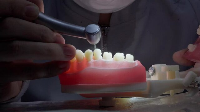 Dental prosthesis, prosthetics work. Close up of prosthetic's hands while working on the denture. Selective focus.
