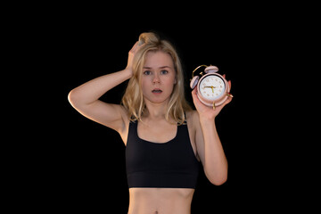 Surprised Girl with Alarm Clock – Time Anxiety and Morning Stress