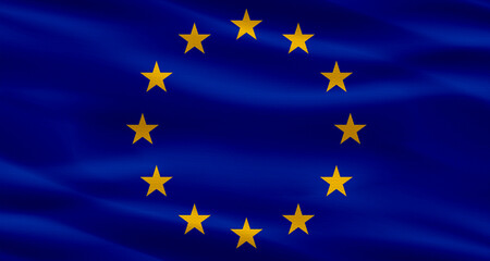 European Union flag with a fabric texture waving. Close up of flag of the European Union with cloth texture
