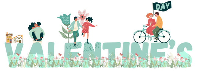 Fototapeta premium Valentine's Day text. Love story, relationship, couple. Vector background, backdrop for Valentines Day. Flyer, invitation, sticker, banner. Vector illustration.
