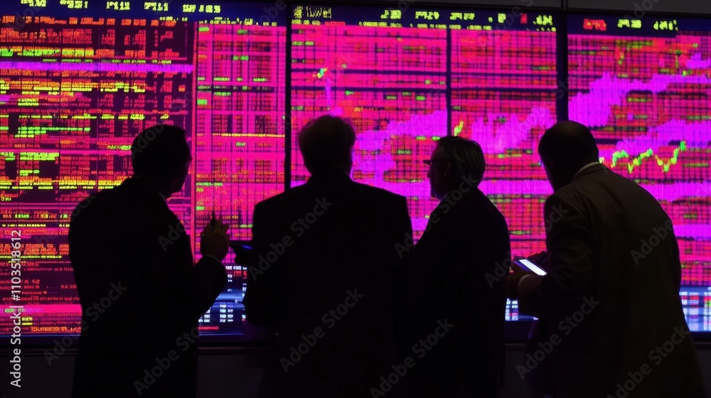 Poster a group of people discussing stock trends in front of a large digital display board.