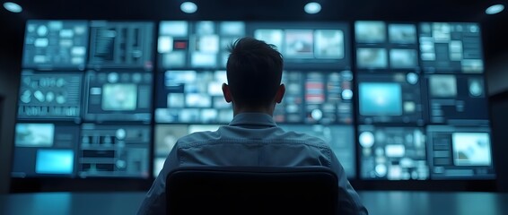 Man Monitoring Multiple Screens in Control Room – Concept of Technology and Surveillance