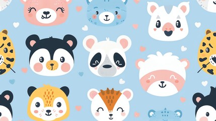 Seamless pattern with cute cartoon animal faces.