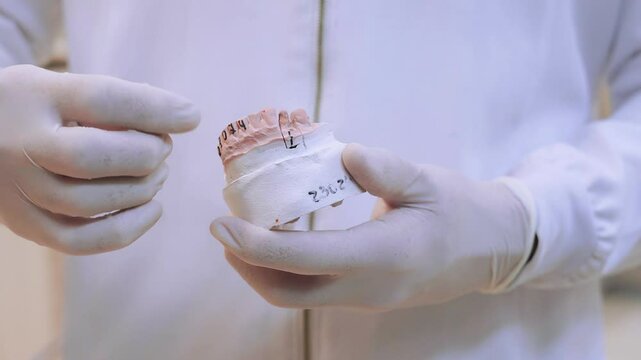 Dental prosthesis, prosthetics work. Close up of prosthetic's hands while working on the denture. Selective focus.