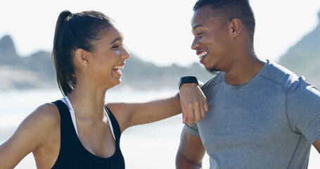 Couple, beach and break for exercise, training and fitness with laughing or cheerful as athlete. People, outdoor and happiness with support, sports and workout for running, bonding together or health