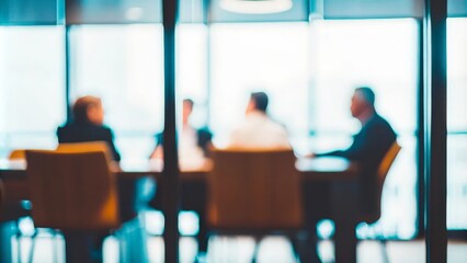 Business Meeting Blur: Blurred background of a business team in a boardroom brainstorming through a glass wall.
