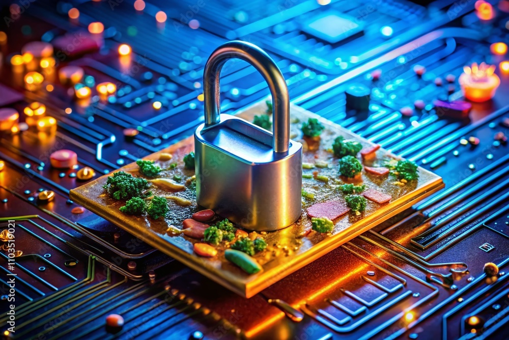 Poster cyber security concept featuring a padlock on a futuristic circuit board surrounded by neon lights a
