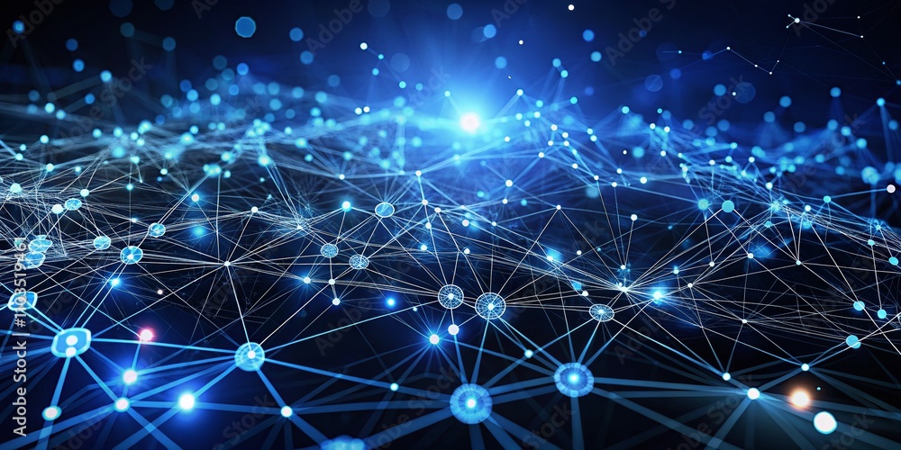 Poster dark blue digital background with interconnected nodes and lines illustrating complex data connectio