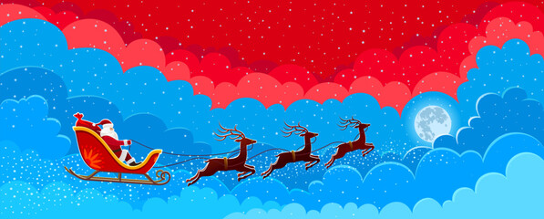 Santa riding a sleigh on the clouds with gifts and a message of Christmas.