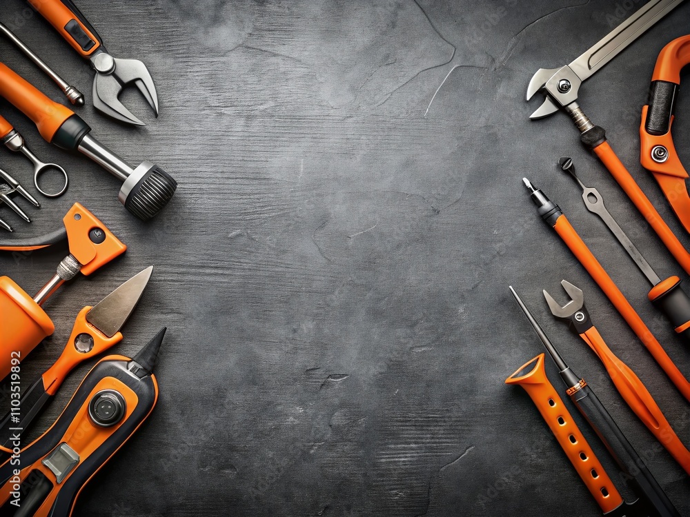 Poster dark gray and orange tools collection with copy space for design purposes, showcasing a variety of h