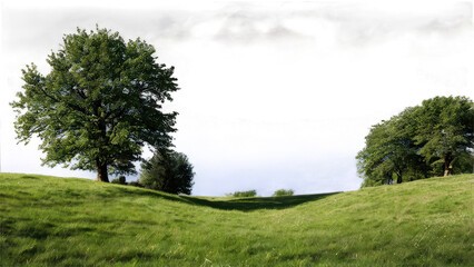 Rolling green hills, lush grass, two large trees under a dramatic sky. transparent background