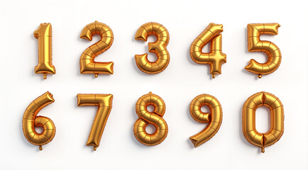 Set of Golden Foil Balloons Numbers from 0 to 9. Festive Party Decoration, Birthday or Anniversary Celebration.