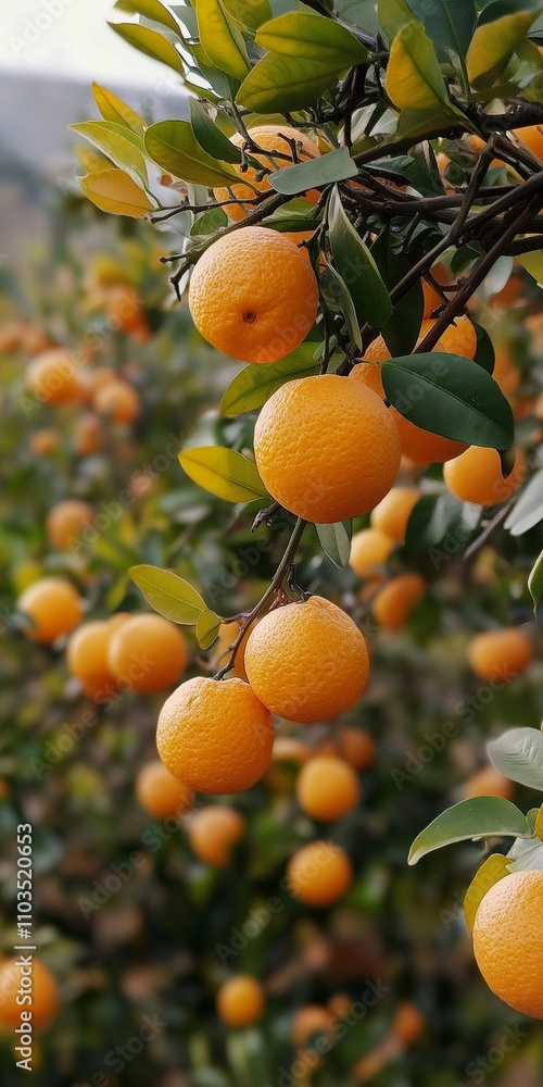Poster a bunch of oranges hanging from a tree. the oranges are ripe and ready to be picked. the tree is ful