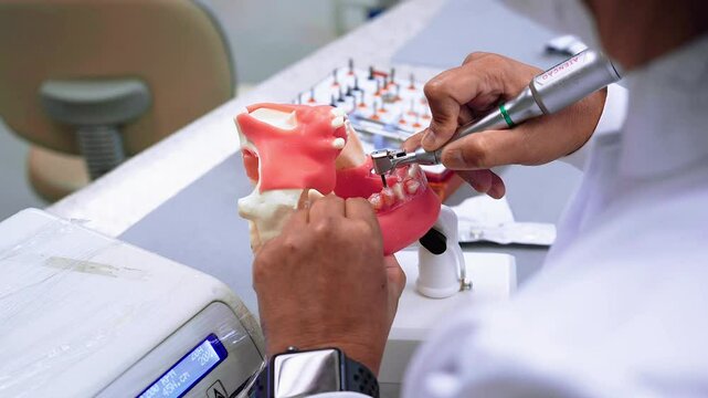 Dental prosthesis, prosthetics work. Close up of prosthetic's hands while working on the denture. Selective focus.