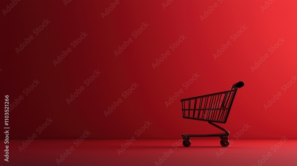 Aufkleber 3D rendering of a shopping cart on a red background. The cart is empty and is positioned in the center of the image. It has a black handle and four wheels, and appears to be made of metal.