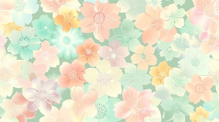 A floral pattern with pastel flowers on a green background.