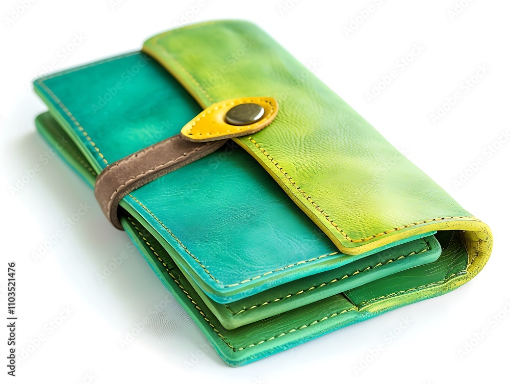 Poster a colorful, stylish wallet featuring a gradient design with a yellow button closure and a brown stra