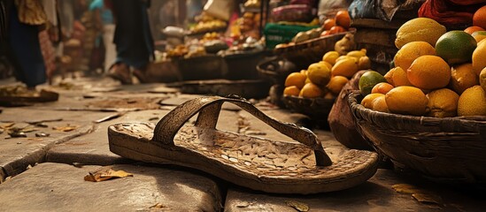 A single sandal with the toe strap broken, left on a bustling marketplace floor, surrounded by fruits and spices 