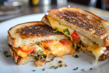 A grilled cheese sandwich cut in half served on a white plate