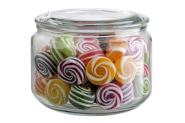 A clear glass jar filled with colorful spiral candies, showcasing a variety of vibrant hues and swirls.
