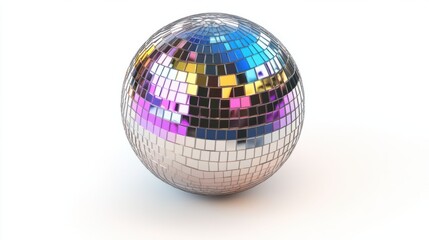 Fototapeta premium Small disco ball with a reflective surface, creating vibrant reflections, isolated on white
