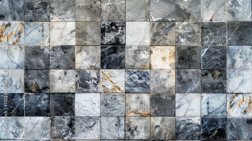 Poster a wall of marble tiles with different patterns and colors.