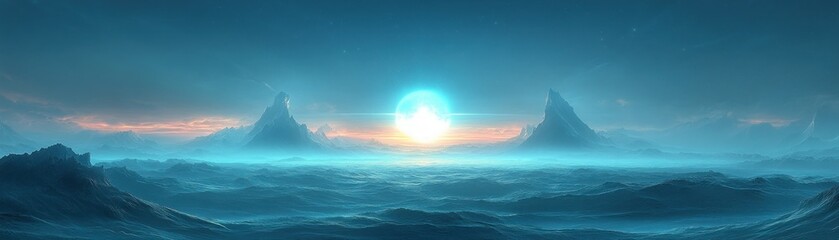 Naklejka premium Atmospheric Depiction of Extraction Fields Glowing Under Futuristic Monitoring A Sci-Fi Digital Painting of a Mystical, Fog-Shrouded Landscape, Featuring Towering Peaks Illuminated by an Ethereal