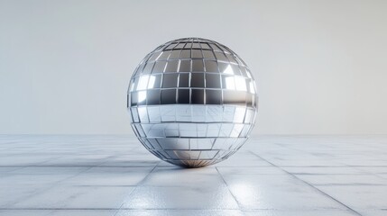 Vintage-style disco mirror ball with reflective silver tiles catching dynamic light, on a plain white background