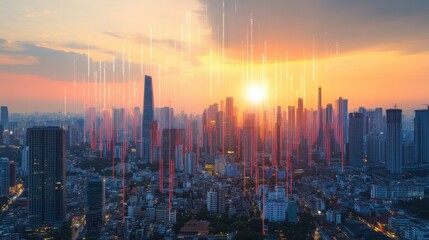 Fototapeta premium A minimalist stock market chart overlaying a cityscape background at sunset.