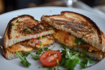 A close-up of a grilled cheese sandwich cut in half