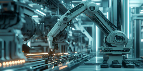 Fototapeta premium Automated Robotic Arm Operating in High-Tech Manufacturing Facility
