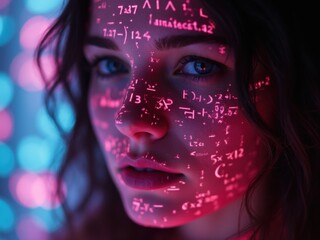 Young Woman With Mathematical Equations Projected on Her Face in a Colorful, Dimly Lit Environment, Capturing a Moment of Creativity and Focus