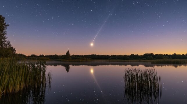 Dobrush, Belarus. Comet Neowise C2020f3 Anf Rising Moon In Night Starry Sky Reflected In Small Lake Waters