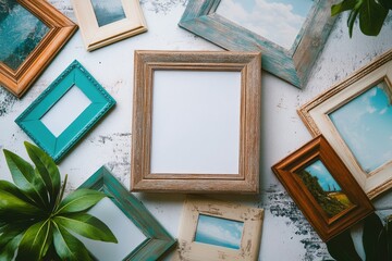 Fototapeta premium Rustic Wooden Frames Surround Blank Picture Frame