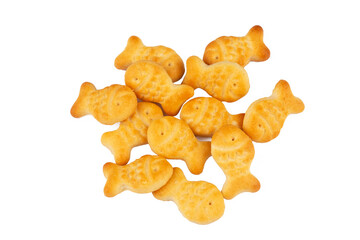 Yellow fish crackers on isolated white background.