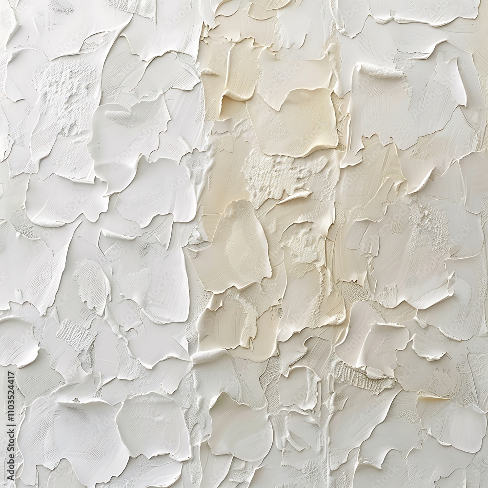 Poster textured surface with peeling paint in shades of white, creating an abstract pattern that highlights