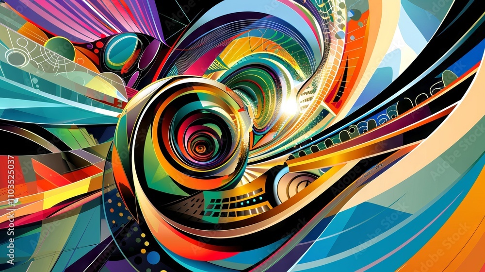Poster abstract illustration of a colorful swirling portal with geometric patterns and vibrant shapes in a 