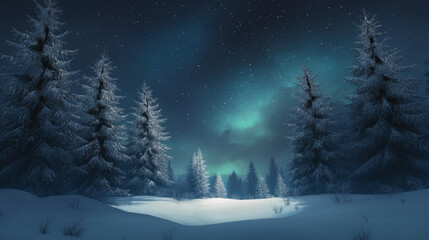 Magical Winter Night with Snowy Forest and Glittering Starry Backdrop