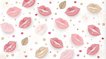 Playful pattern of colorful lips and hearts on soft background for romantic events, for Valentine's Day, for kissing day