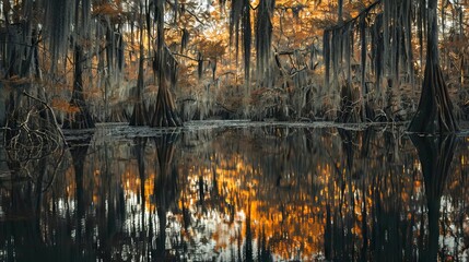 Serene Autumn Cypress Swamp Landscape with Reflective Waters, Capturing the Tranquility of Nature, Dense Forest, and Seasonal Beauty