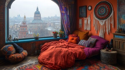 Here's a description and keywords for the image.. Cozy bohemian bedroom with city view.