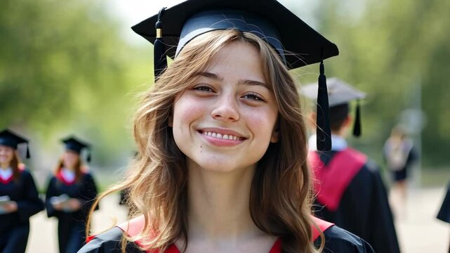 Happy graduate smiling and wearing woman doctoral graduation cap gown and mortarboard