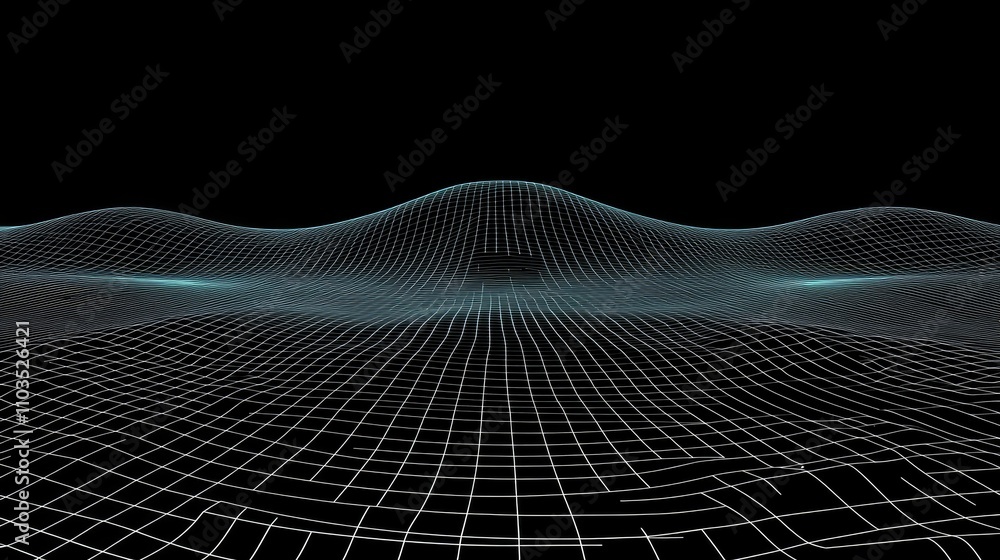 Poster futuristic 3d grid landscape with wave patterns and depth effect