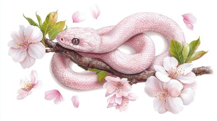 Fototapeta premium Lunar New Year watercolor element concept. Pink snake resting on a branch with cherry blossoms