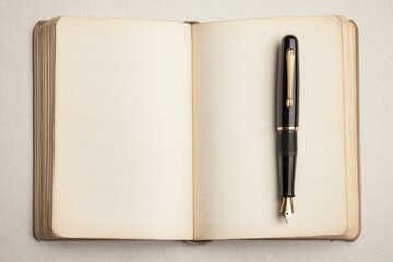 Outline sketch and guideline concept, An open notebook with blank pages lies on a surface, accompanied by a sleek black pen positioned on top.
