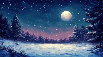 Naklejka premium Serene Winter Night with Snowfall and Bright Moon in Forest Scene