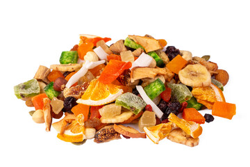 Mix of nuts and dried fruits isolated on a white background.